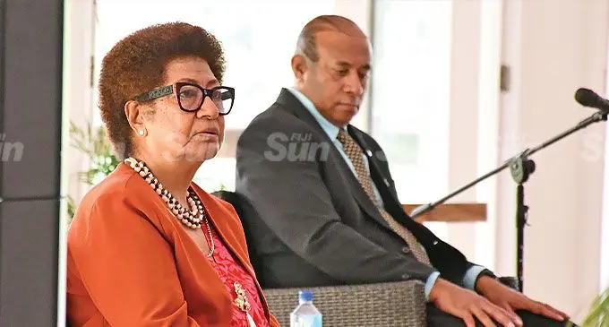 Na Gone Marama Bale na Roko Tui Dreketi Ro Teimumu Kepa with Minister for Public Works, Transport, and Meteorological Services Ro Filipe Tuisawau during the Rewa Provincial Council annual conference at Novotel Suva Lami Bay Hotel on June 27, 2024. Photo: Ronald Kumar