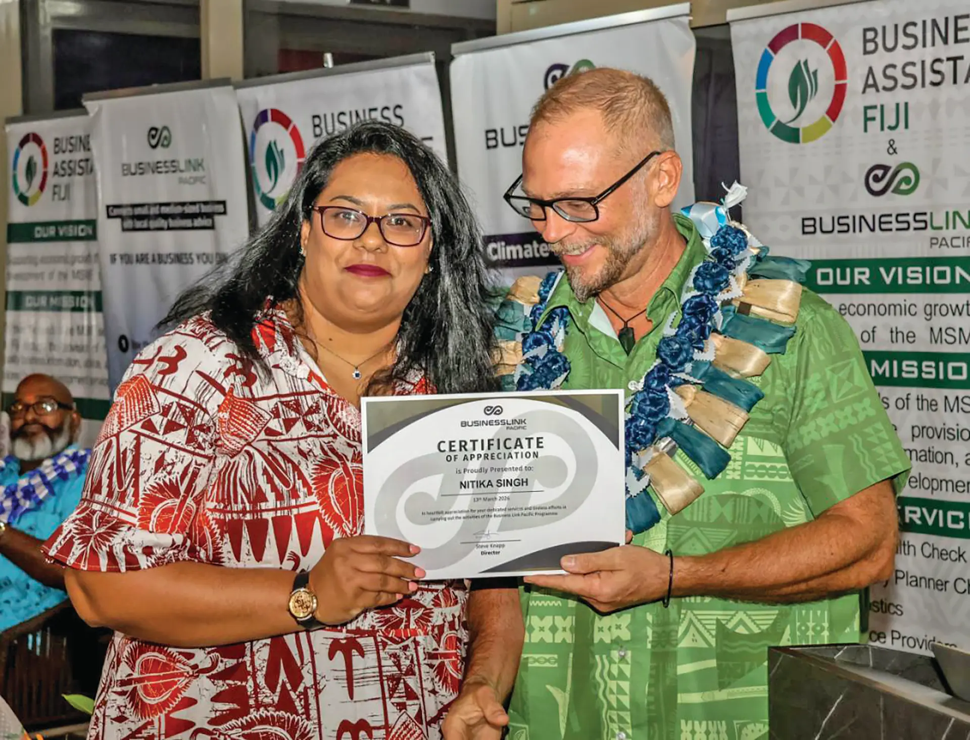 Business Assistance Fiji acting general manager Nitika Singh with Business Link Pacific director Steve Knapp.