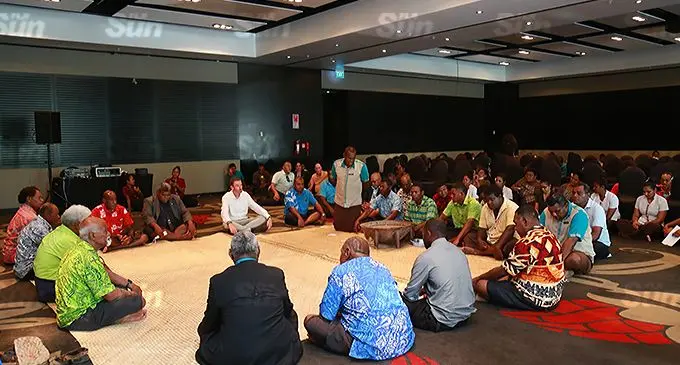 Head of the seven clans in Sanasana Village Taukei Nahoqo during the traditional presentation with InterContinental Fiji Golf Resort and Spa area general manager Lachlan Walker on December 1 2021 (Inset: InterContinental Fiji Golf Resort and Spa area general manager Lachlan Walker). Photo: Leon Lord
