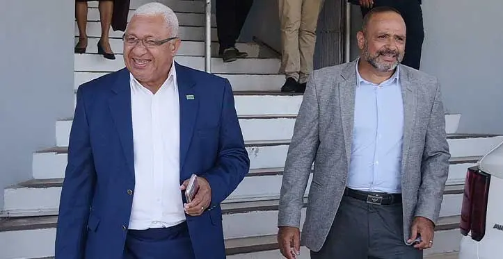 Former Prime Minister Voreqe Bainimarama (left), and suspended Police Commissioner Sitiveni Qiliho outside the High Court in Suva on November 16, 2023. Photo: Ronald Kumar