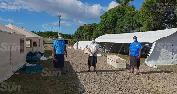 The Divisional Engineer Western, Tiko Vakatale, Commissioner Western, Mesake Ledua and Selenai Raumakita at the field hospital in Lautoka on May 7, 2021. Photo: Nicolette Chambers