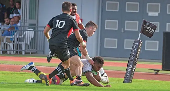 Fiji Airways Flying Fijians No.8 Viliame Mata dives over to score the second try against the Maori All Blacks at the ANZ Stadium, Suva on July 13, 2019. Photo: Ronald Kumar