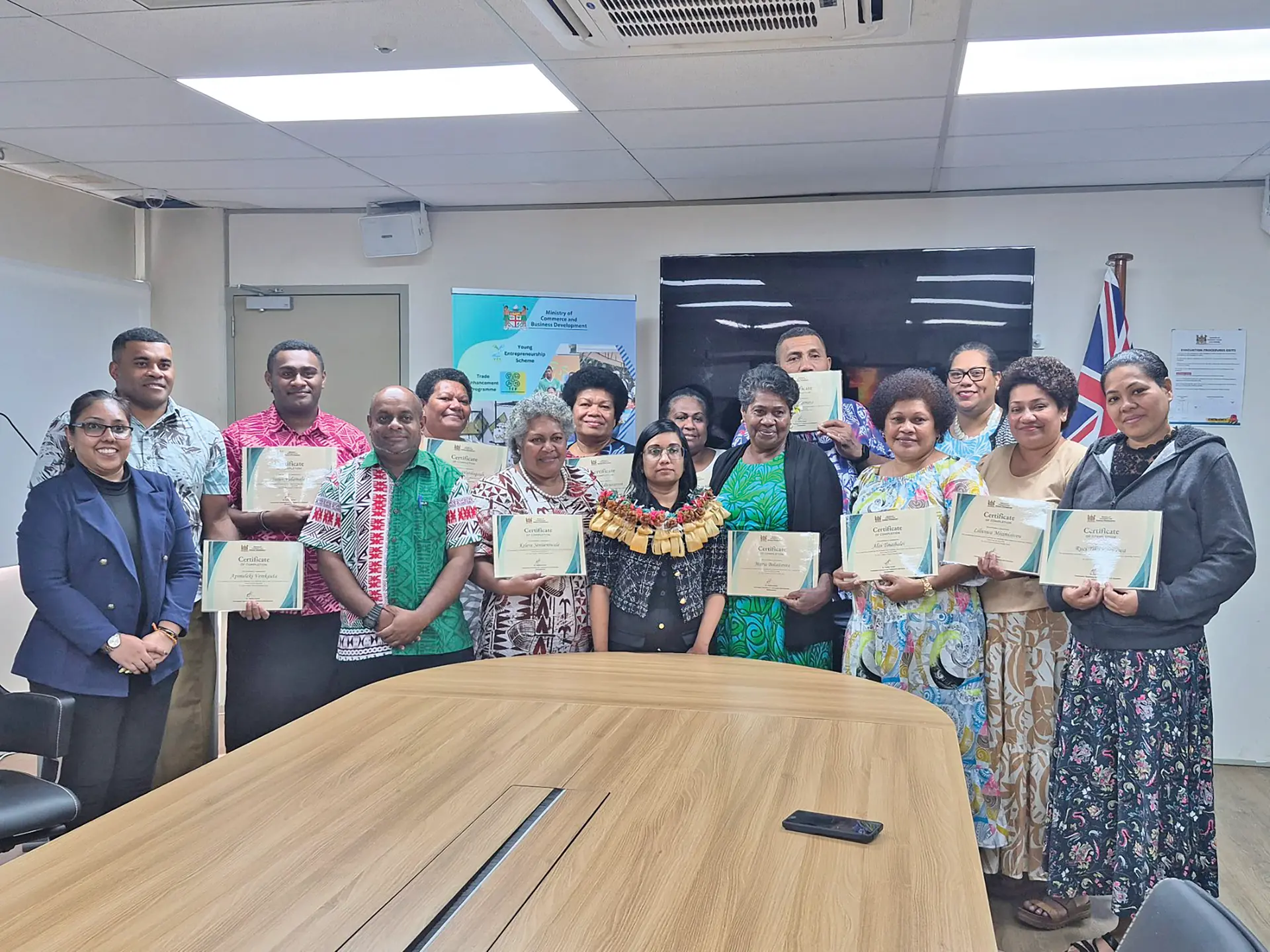 Permanent Secretary for Commerce and Business Development Radika Kumar(fourth from left), representatives from the Ministry of Commerce and Business Development and the Ministry of Employment Productivity and Workplace Relations with participants on July 16, 2026.