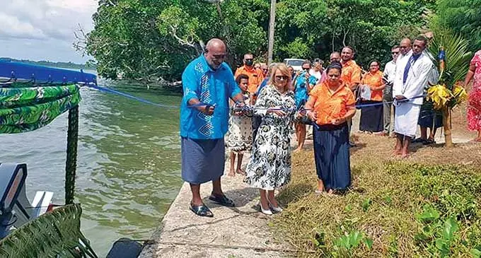 (From left) Minister for Fisheries Semi Koroilavesau, Deputy Head of EU Delegation for the Pacific Erja Askola and SPC Acting Director of the  Geoscience, Energy and Maritime Rhonda Robinson during the handover to the Nakalawaca Women’s Group at Nakalawaca Village, Tailevu,  on March 24, 2022.  Photo: Wati Talebula-Nuku