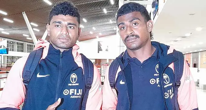 Fiji Airways Fiji men’s riugby sevens debutants (left-right) Viliame Nakausa and Solomone Nakulanisa Rauqe at Nadi International Airport on February 12, 2024.. Photo: Waisea Nasokia