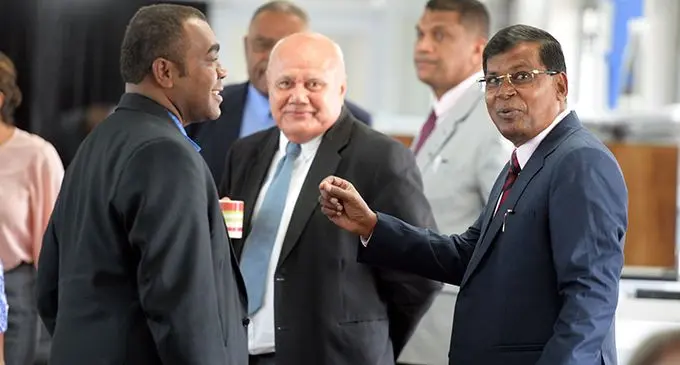 National Federation Party leader and Opposition member Biman Prasad (right), with SODELPA Opposition members Mosese Bulitavu (left) and Viliame Gavoka (facing camera).  Photo: Ronald Kumar