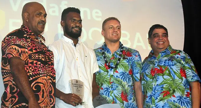 From left: Pacific Energy business development manager Nemani Kobiti, Pacific Energy Footballer of the Year Antonio Tuivuna, chief speaker Wes Brown and Fiji FA president Rajesh Patel during the Vodafone/ Fiji FA Awards Night at the Pullman Resort Nadi Bay on March 14, 2020. Photo: Waisea Nasokia