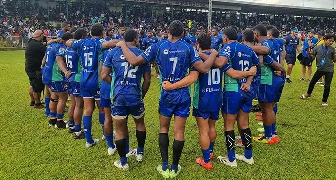 Swire Shipping Fijian Drua players and officials at Prince Charles Park, Nadi, this afternoon. Photo: Fijian Drua
