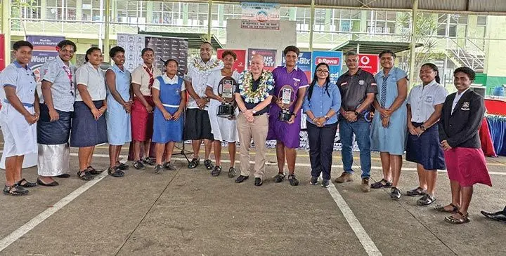 CJ Patel group general manager sales and customer development Edmund Chee (ninth from left) with reps from the participating schools of the Weet-Bix Raluve competition during the official at Gospel High School, Suva on July 4, 2025. Photo: Sereana Salalo-Baleiwai