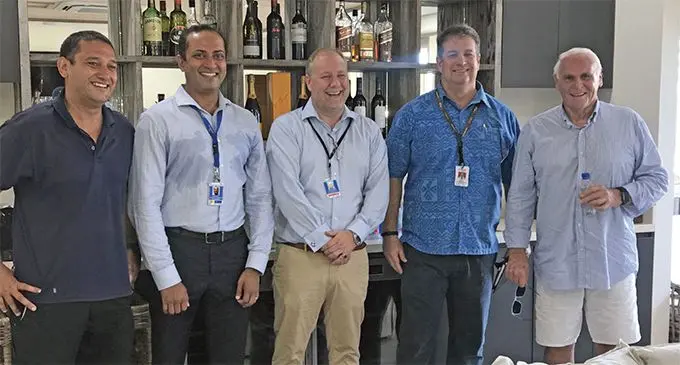 Owner of Kokomo Private Island Lang Walker (far right), with (l-r) Project manager Damien Harding, Executive Chairman Fiji Airports Faiz Khan, Kokomo Director Aviation Brett Holden, and Chief Operating Officer Fiji Airways Paul Doherty, at the opening of the hangar at Nadi Airport.