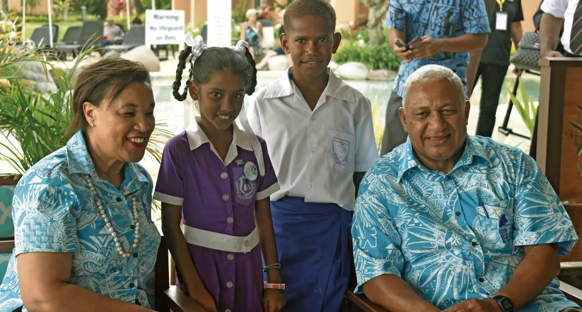 The Secretary-General of the Commonwealth Baroness Patricia Scotland, COP23 stars Shalvi Shakshi and  Timoci Naulusala with the Prime Minister Voreqe  Bainimarama at the Sheraton Fiji Resort, Denarau on February 20, 2018. Photo: Waisea Nasokia