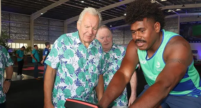 World Rugby chairman Sir Bill Beaumont (first from left) looks on as Fijian Drua player Kalione Nasoko trains at their newly opened base at Legalega, Nadi, on October 10,2022. Photo: Fijian Drua Media.