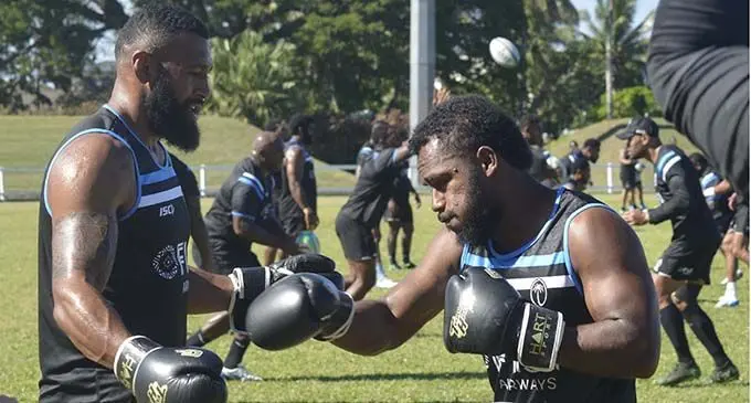 Flying Fijians Waisea Nayacalevu and Setareki Tuicuvu at training session in 2019. Photo: Ronald Kumar