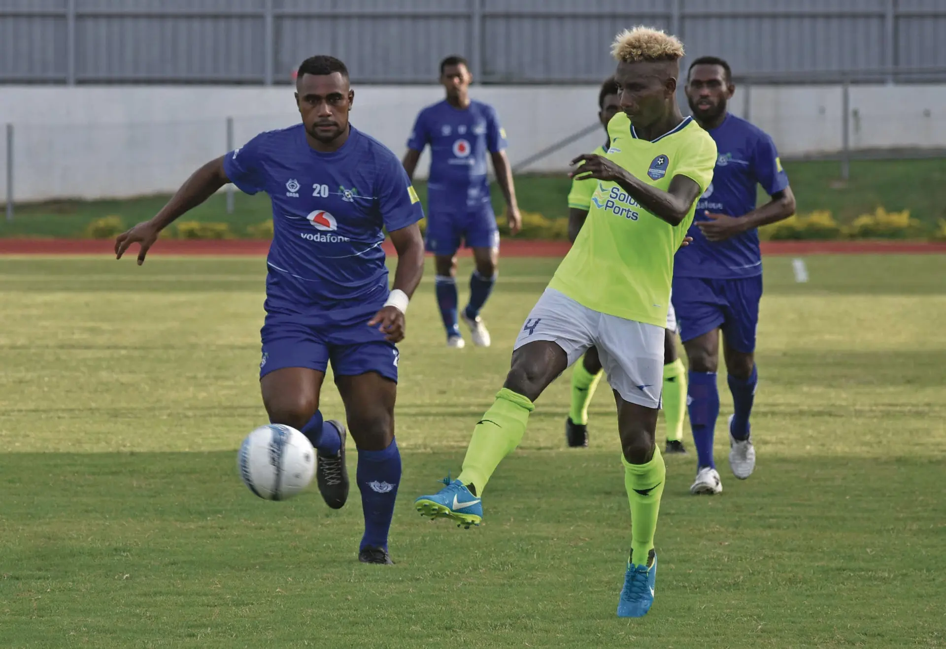 Lautoka FC defender Mataiasi Toma (left) defends against Henderson Eels at Churchill Park, Lautoka on February 13, 2019. Photo: Waisea Nasokia