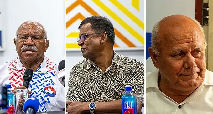 The People’s Alliance leader, Sitiveni Rabuka, and National Federation Party leader, Biman Prasad, and Social Democratic Party (SODELPA) leader, Viliame Gavoka. Photo: Leon Lord