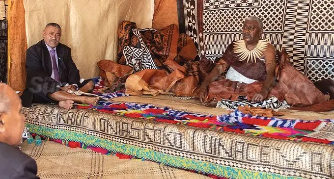 The newly-installed Taukei Nabukebuke, Tui Levuka Ratu Etonia Seru Rokotunaceva (centre stage) with Minister for iTaukei Affairs Ifereimi Vasu, Tui Namosi Ratu Suliano Matanitobua and stakeholders at the sacred traditional bure called Wakaya Lailai in Levuka Vakaviti, Ovalau, on May 21, 2024. Photo: Leon Lord