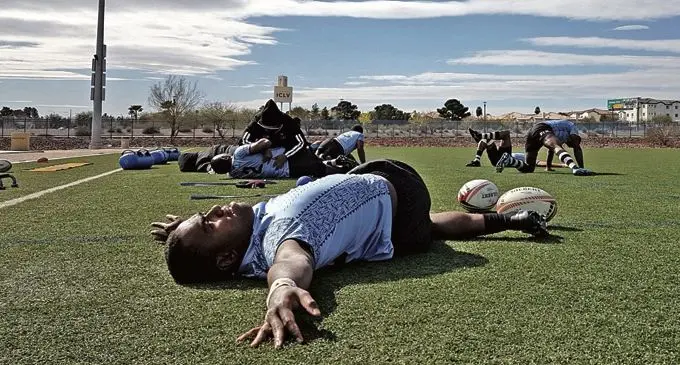 Fiji Airways Fijian 7s speedster Waisea Nacuqu doing his stretching exercise as they complete their training session in Las Vegas on March 2, 2018. Photo: Naca Cawanibuka