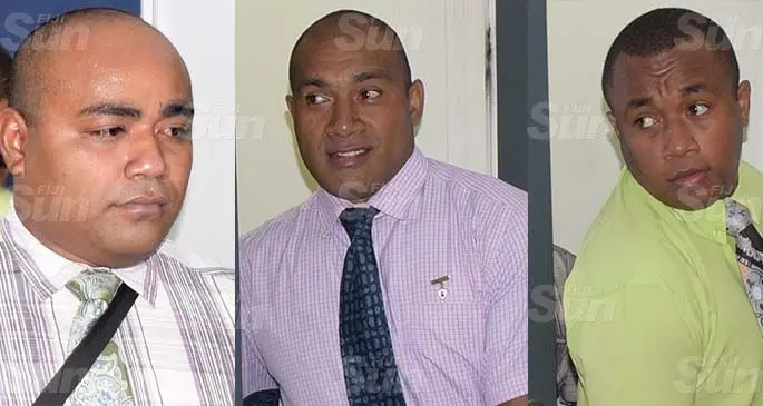 Laisenia Ratuvabea (left) Lasaro Turagadrau and Benedito Bolabiu outside the High Court in Suva on April 27, 2020. Photos: Ronald Kumar