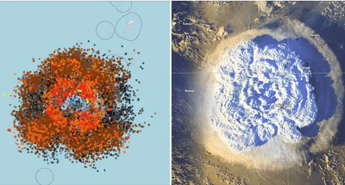 Images showing lightning around Hunga Tonga-Haa'pai volcanic eruptions.  Photo: Tonga Meteorological Services