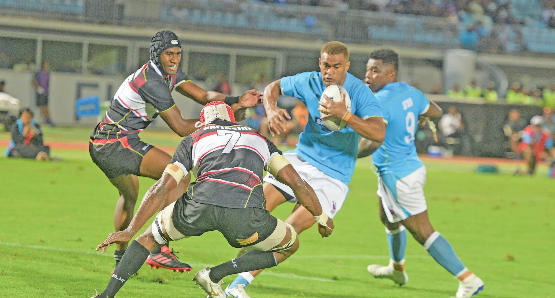  Naitasiri first five eigth Vuate Karawalevu (left) wearing one of the customised mouth guards during a Skipper Cup competition match against Suva.Photo: Ronald Kumar