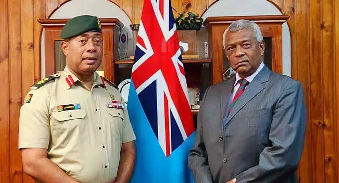From left: Commander of the Republic of Fiji Military Forces, Major-General Ro Jone Kalouniwai, with the Minister for Home Affairs, Pio Tikoduadua, in Suva on January 5, 2023. Photo: Ministry of Home Affairs