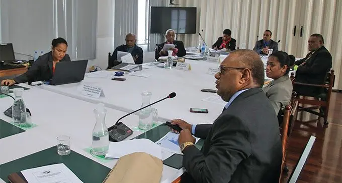 Eastern Divisional Commissioner Luke Moroivalu (nearest to camera) making his submission to the standing committee on Natural Resources on May 22, 2019. Photo: Parliament of Fiji