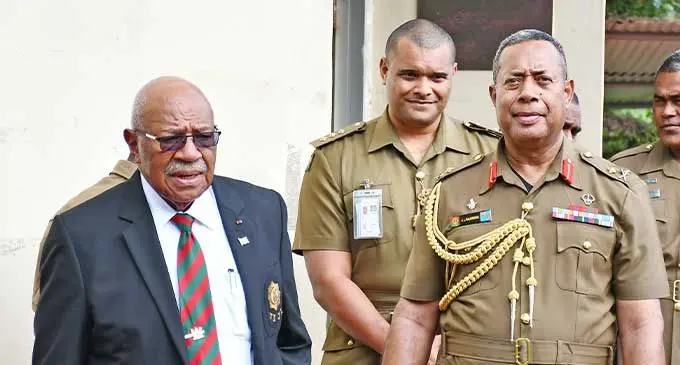 Fiji's first coup leader and Prime Minister Sitiveni Rabuka with Republic of Fiji Military Forces Commander Major-General Ro Jone Kalouniwai, outside the military chapel at the Queen Elizabeth Barracks in Nabua, Suva on September 26,2024. PHOTO: Ronald Kumar