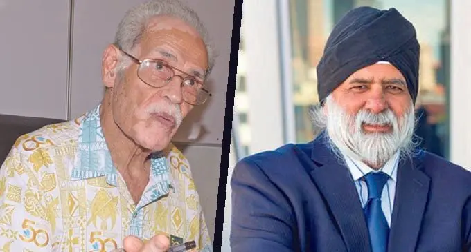 Right: USP Pro-Chancellor and council chair  Winston Thompson, Left: USP Vice Chancellor and president  Professor Pal Ahluwalia. Photo: Ronald Kumar