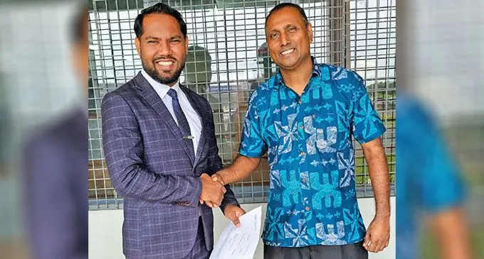 John Prasad (left) with his client Sanjeev Reddy outside the Magistrate’s Court in Labasa on January 3, 2025.