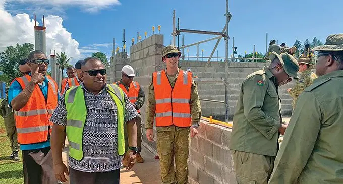 Minister of Rural and Maritime Development and Disaster Management Inia Seruiratu with the Republic of Fiji Military Forces (RFMF) and Australian Defence Force (ADF), French and Kiwi engineers and soldiers at Lekutu Secondary School in Bua on May 4, 2022. 