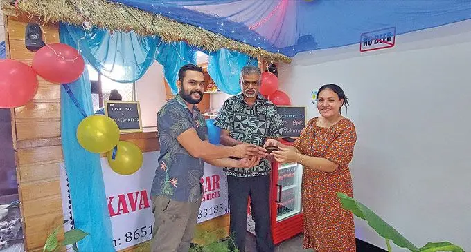 88 Kava Bar owners, Channal Singh (left) and his wife, Katerina (right) with the Assistant Minister for Agriculture, Waterways and Environment, Viam Pillay following the opening of the bar at Vinson Plaza in Lautoka on September 10, 2022. Photo: Nicolette Chambers