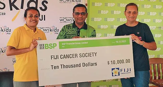 BSP’s general manager Corporate Services and chief financial officer, Rajeshwar Singh (middle), and Fiji Cancer Society chief executive officer Belinda Chan(right), during the handover.
