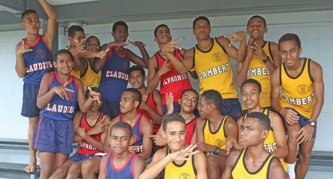Claudius, Alphonsus and Lambert athletes after their events during the Marist Brothers High School interhouse at the ANZ Stadium, Suva, on February 6, 2019. Photo: Grace Narayan