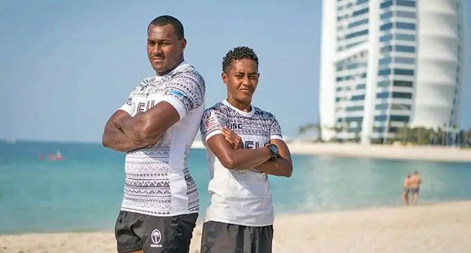 Fiji Airways Fijian 7s skipper Paula Dranisinukula and Fiji Airways Fijiana 7s skipper Luisa Tisolo in Dubai. They are ready to take on the best as the World Sevens Series begins.  Photo: World Rugby