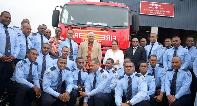 Prime Minister Voreqe Bainimarama, with the Minister for Local Government, Premila Kumar, National Fire Authority chief executive officer Puamau Sowane and some members of the Nakasi Fire Station crew after the opening on June 25, 2020, in Nakasi. Photo: Ronald Kumar