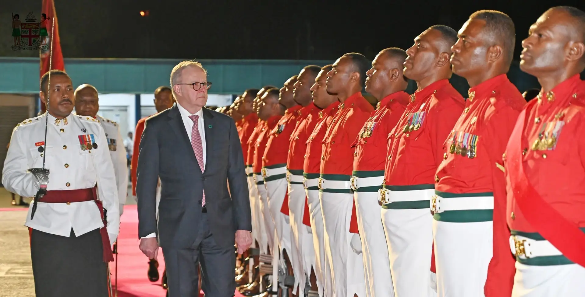 Mr Albanese was welcomed at Nausori Airport by Deputy Prime Minister Viliame Gavoka and Minister for Foreign Affairs and External Trade Sakiasi Ditoka, where he was accorded a 50-member Guard of Honour by the Republic of Fiji Military Forces. Australian Foreign Minister Penny Wong is accompanying him on the visit.