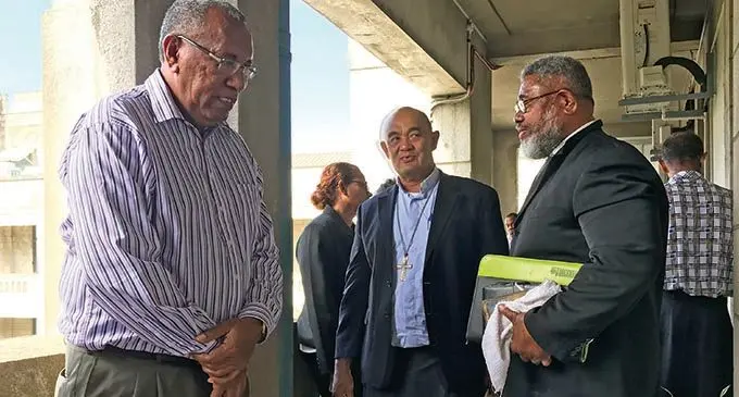 Catholic Church of Fiji Archbishop Peter Loy Chong (second from left), with members of the SDA Church in Fiji outside High Court in Suva on June 24, 2019.  Photo: Ashna Kumar