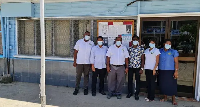 From left: Savusavu Town Council staff Kartik Deo, Sofi Din, Shiu Chand, Kashmir Singh, Archal Deo and Maria Maiwalu infront of their newly painted and renovated council building in Savusavu Town on  October 25, 2021. 