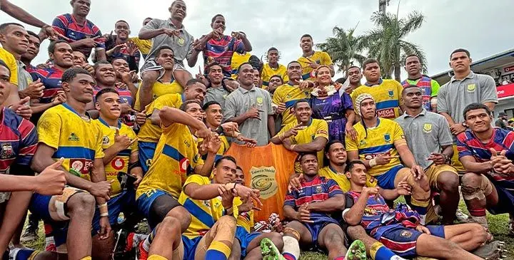 Member of Parliament Lynda Tabuya with Southern Zone Under-18 champions Suva Grammar and runners-up Marist Brothers High School after their final at Bidesi grounds on July 26, 2025. 