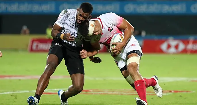 Fiji Airways Fijian 7s forward Isoa Tabu in action against Japan during the Dubai 7s on December 6, 2019. Photo: World Rugby