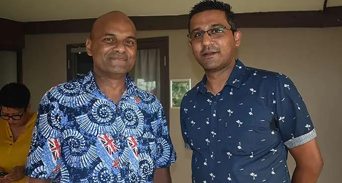 Divisional Commissioner Western Apolosi Lewaqai with Lautoka Chamber of Commerce and Industry president Wasu Pillay after the AGM at Tanoa Waterfront Hotel in Lautoka.. Photo: Waisea Nasokia