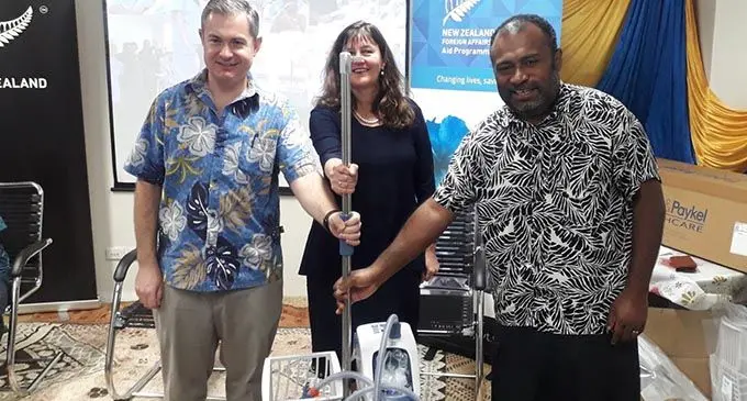 From left: New Zealand High Commissioner to Fiji Jonathan Curr, Head of Intensive Care Unit Dr Lisa Bennett and Minister for Health and Medical Services Dr Ifereimi Waqainabete during the handover of 40 AIRVO 2 machines and consumerables at the Colonial War Memorial Hospital in Suva on June 19, 2020. Photo:  Inoke Rabonu