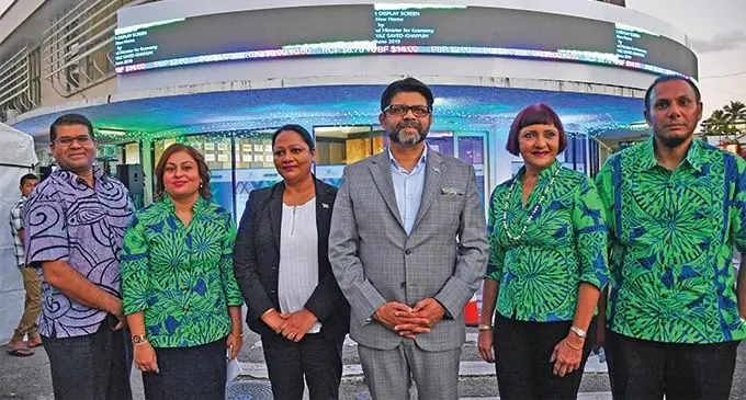 From left: Reserve Bank of Fiji Governor Ariff Ali, South Pacific Stock Exchange (SPX) chief executive officer Krishika Narayan, Minister for Industry, Trade and Tourism Premila Kumar, Attorney-General and Minister for Economy Aiyaz Sayed-Khaiyum, SPX chairperson Nur Bano Ali and SPX deputy chairperson Saiyad Hussain in front of the newly-launched Stock Ticker Display Screen at the SPX office at Victoria Parade, Suva, on June 14, 2019.