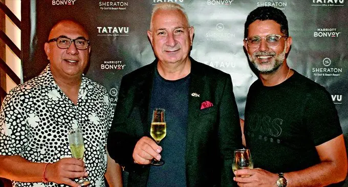 Punja and Sons Limited managing director, Rajesh Punja, with Stonefish International Pty Ltd managing director Peter Papanikitas and at Tatavu Bar and Grill, Denarau. Photo: Waisea Nasokia