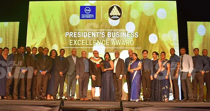 Jack’s of Fiji staff receive the President’s Business Excellence award from President Major-General (Ret’d) Jioji Konrote during the Fiji National University 2019 Fiji Business Excellence Awards at the Sheraton Fiji Resort, Denarau, Nadi on November 2, 2019. Photo: Waisea Nasokia