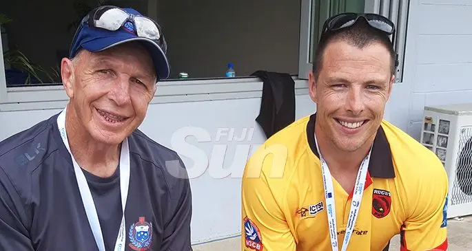 Sir Gordon Tietjens with son Paul at the ANZ Stadium in Suva on November 7, 2019. Photo: Grace Narayan