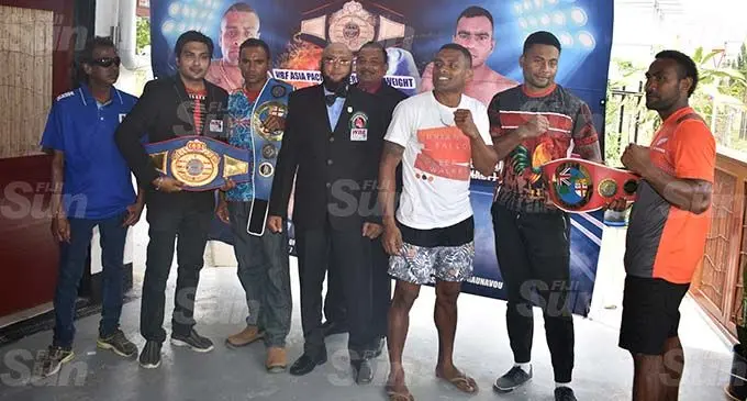 From left: Mulomulo Boxing Club trainer Chanchal Babba, World Boxing Foundation co-ordinatior Simon Naushad, Ronald Naidu, Boxing Comission of Fiji West director Usman Ali, promoter Ben Krishna, Jese Ravudi, Tomu Gaunavou, Siliveni Nawai at the Hotel Martintar in Nadi on September 16, 2020. Photo: Waisea Nasokia