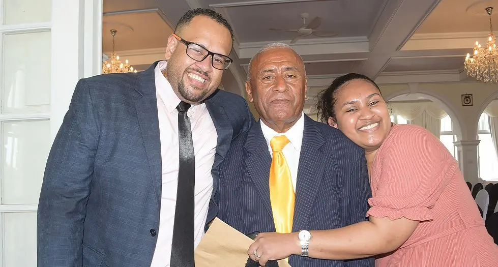 Timoci Silatolu with his children Miriama Tamani and Aporosa Silatolu at the State House on December 20, 2023. 