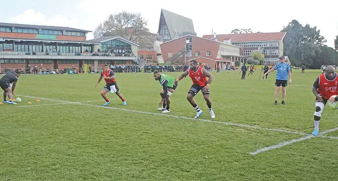 Fiji Airways Flying Fijians assistant coach Alan Muir passes the ball to Sunia Koto while defending for the Fiji Airways Flying Fijians (left to right) Sam Matavesi, Semi Kunatani, Peceli Yato and Kalivati Tawake during training at Dilworth Boarding School in Epsom, Auckland, New Zealand on August 30,2019. Photo: FRU Media