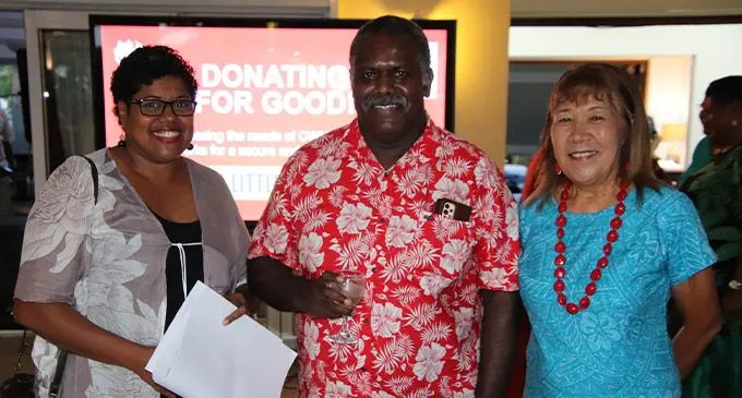 Medical Superintendent at the Colonial War Memorial (CWM) Hospital, Dr Luke Nasedra (middle) and Chair for CWM Hospital Board of Visitors Dr Esther Williams (right) with an attendee of the event on March 16, 2023. Photo: Ministry of Health and Medical Services